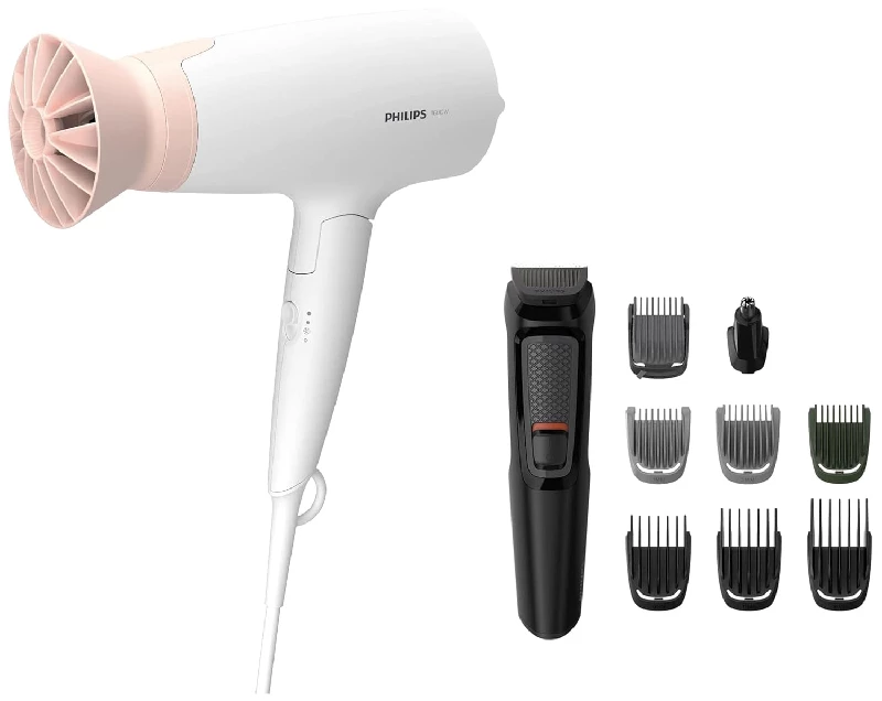 Philips Hair Dryer Bhd308-30 1600 Watts & Multi Grooming Kit Mg3710-65, 9-In-1 Face, Head And Body-1.webp